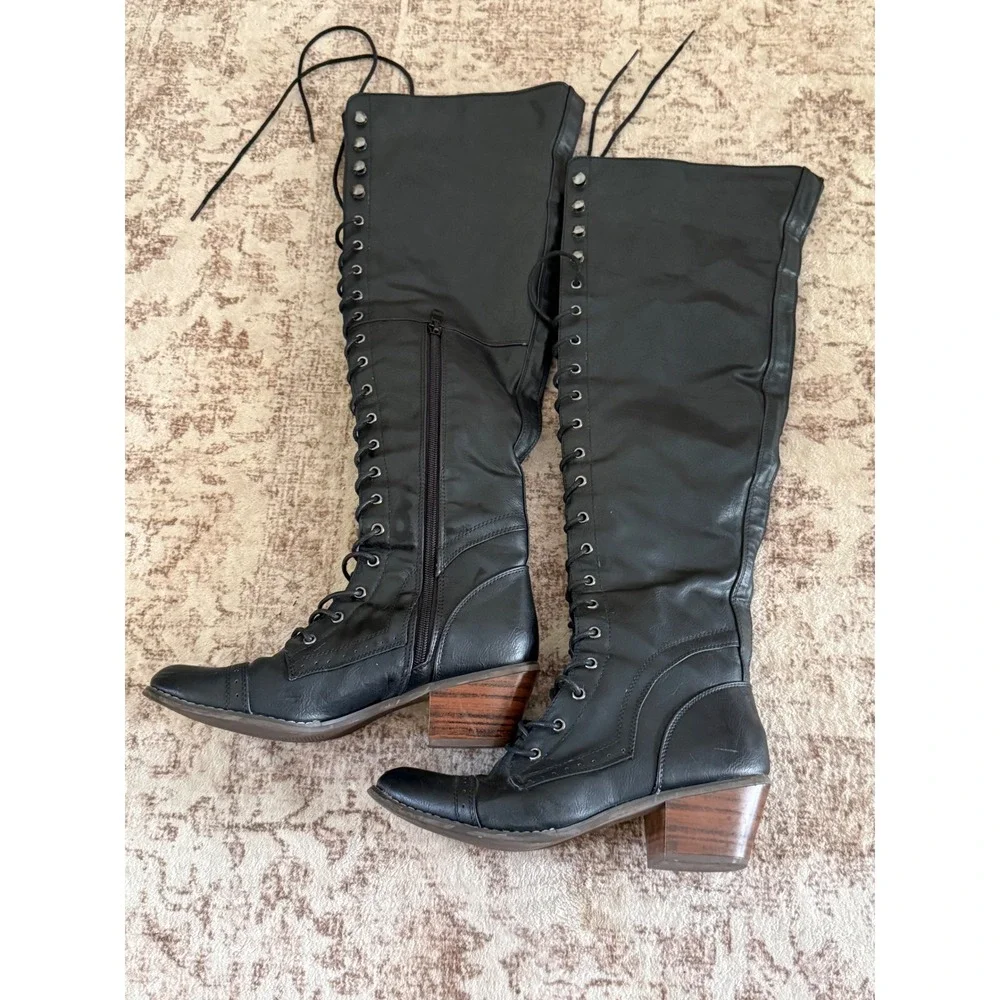 Journee Collection Black Lace Up Over The Knee Boots Womens 7.5 Y2K Steam Punk